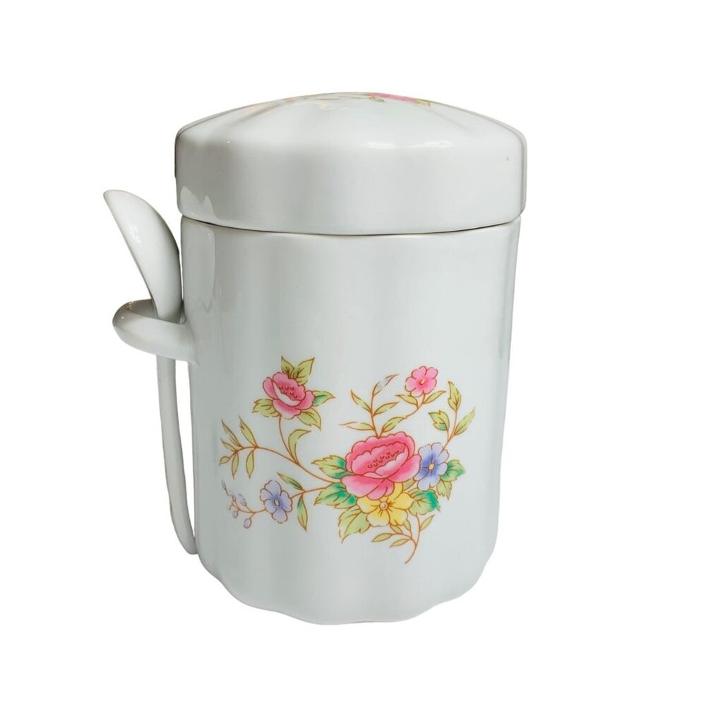 Kitchen Multipurpose Canister with Spoon Airtight Lid Cottagecore Floral Vintage